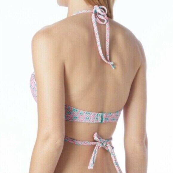 Coco Rave Simone Pink Blue Wrap Geo Halter Bikini Top Bathing Swim Suit Sz 36C - Picture 2 of 4
